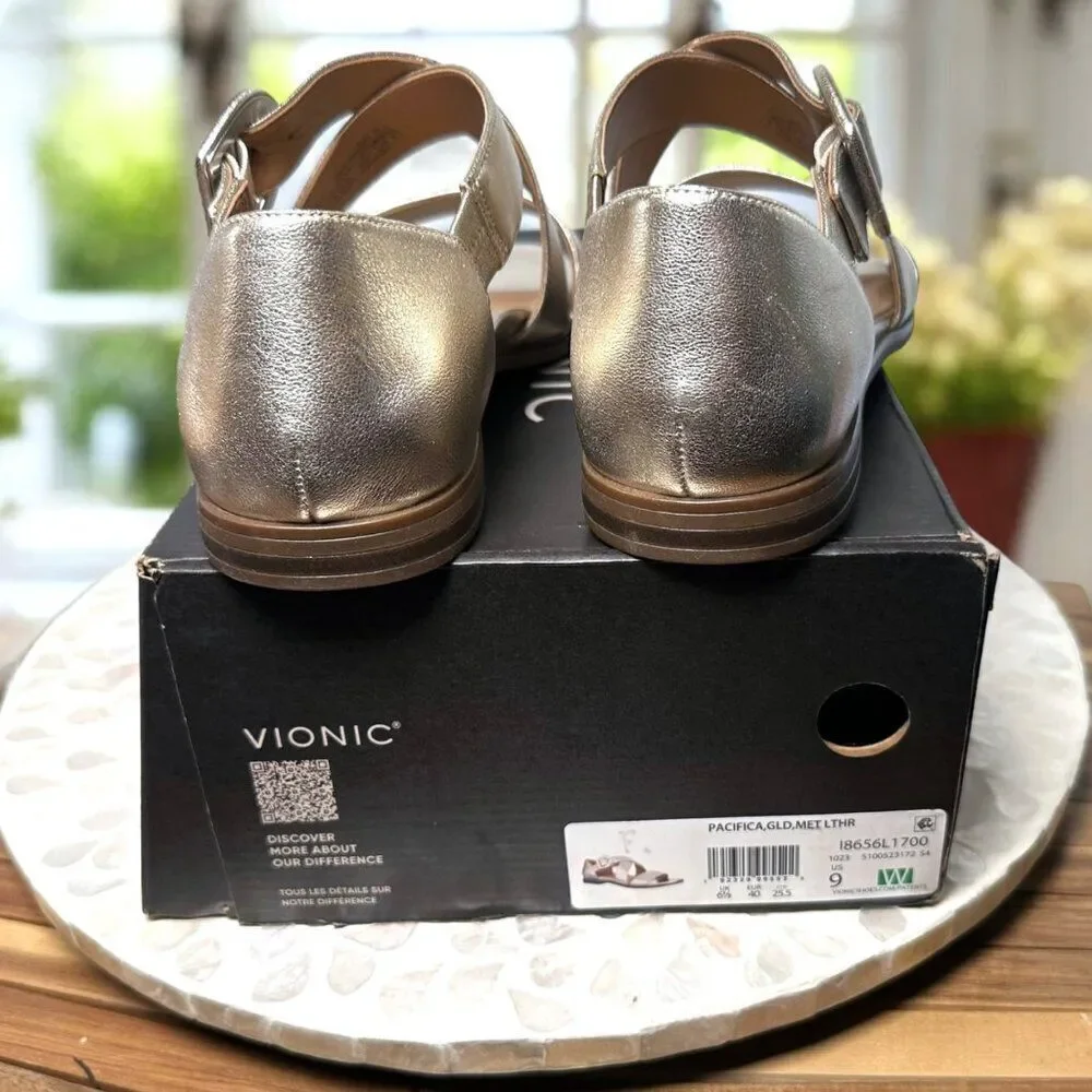 Vionic Pacifica Supportive Orthotic Sandal Gold Metallic Leather Women’s 9 Wide